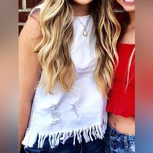 Silence + Noise Cream Fringe Top